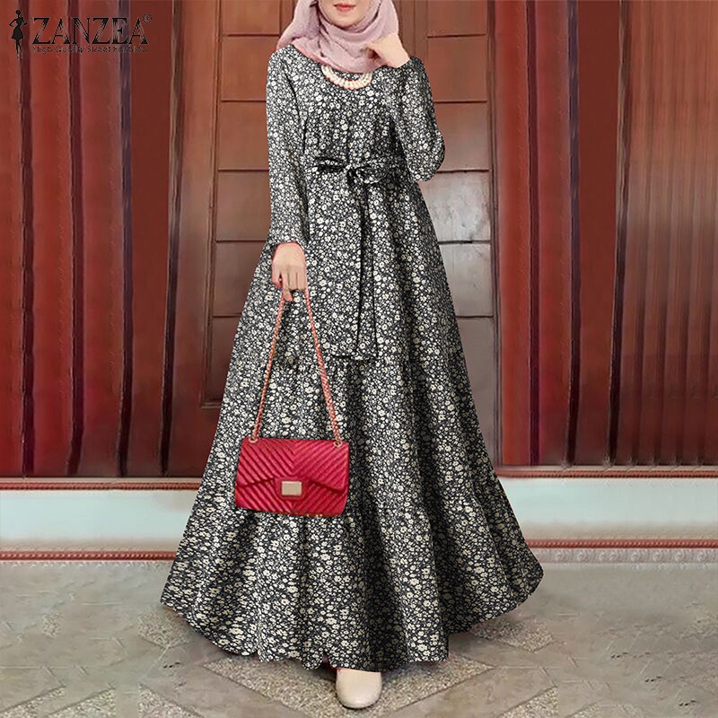 Zanzea Đầm Hoa Thắt Nơ Eo Phong Cách Hồi Giáo Thời Trang Cho Nữ