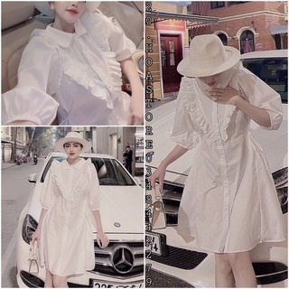 Váy Sơ Mi Cổ V Tay Phồng Lỡ Dáng Suông - Đầm ulzzang xoè dáng ngắn màu trắng tay chun
