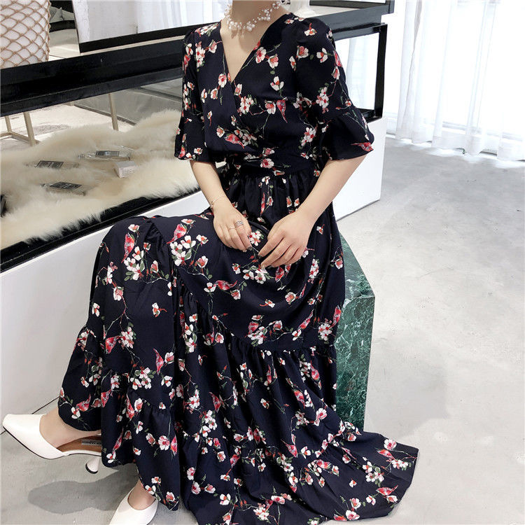 Đầm Ngắn Tay In Hoa Với Thiết Kế Cổ Chữ V Xinh Xắn Dành Cho Nữ