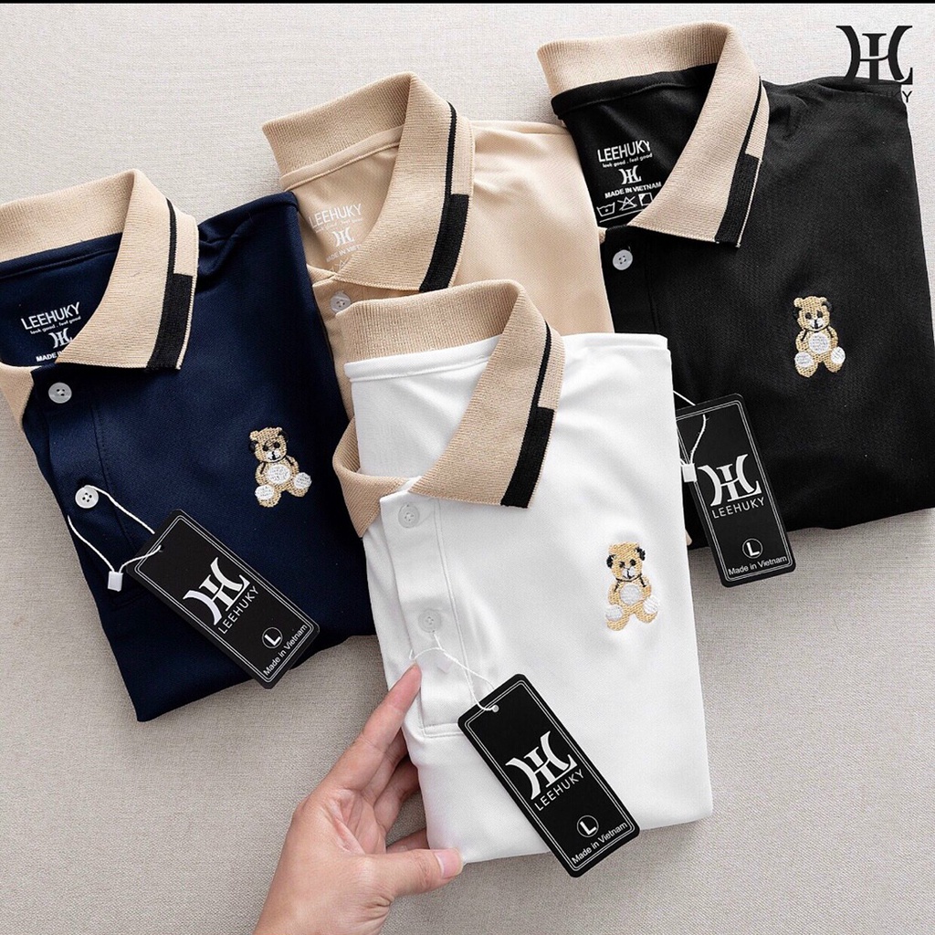 Áo Polo Nam Nữ Vải thun cá sấu Poly 4 chiều Có Cổ Ngắn Tay Thêu Gấu
