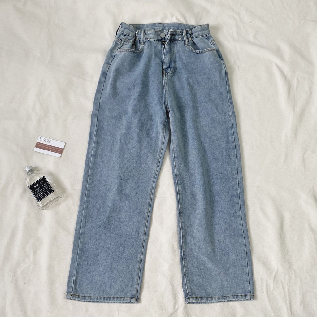 LEEVA - Quần jeans dài nữ ống rộng nút cài eo Q032