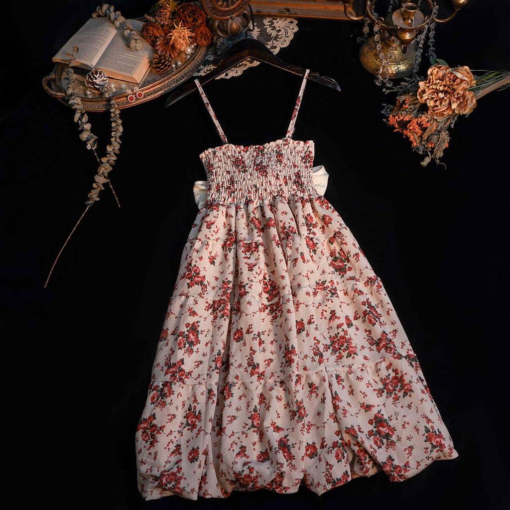Tsukawa Junichi / Antique Vintage skirt, summer retro pink sling skirt, female, salt, sweet, broken flower dress.