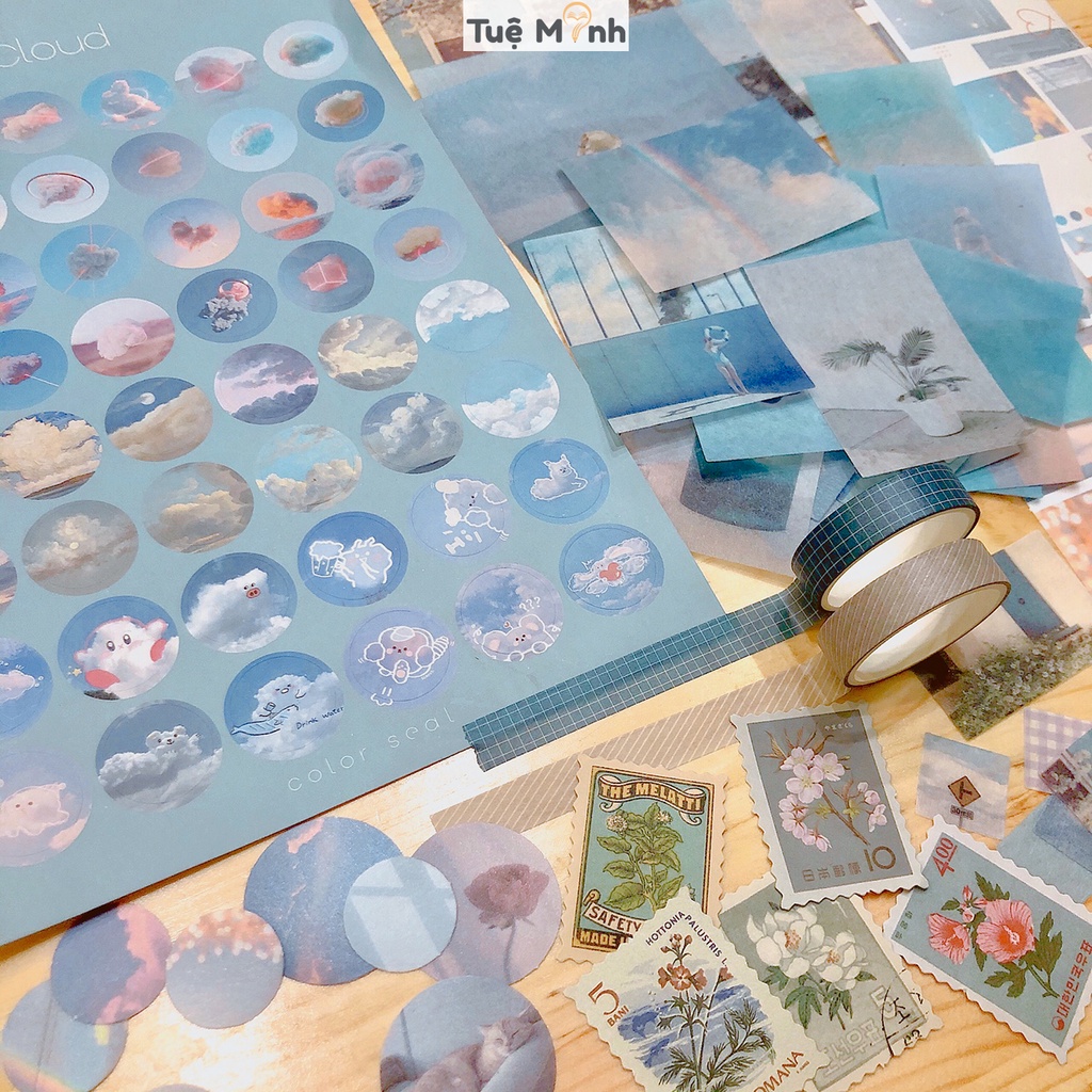 Trọn bộ trang trí Bullet journal Blue gồm sticker, washi tape tông xanh dương Luv107