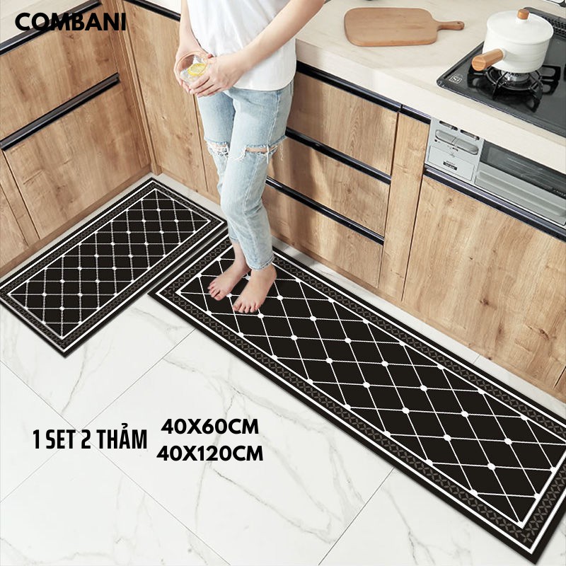 Bộ 2 Thảm Trải Sàn Bếp 3D Cao Cấp Siêu Thấm Mặt Đế Chống Trơn Trượt Akii Home (1 thảm 40*60cm &amp; 1 thảm 40*120cm) T02