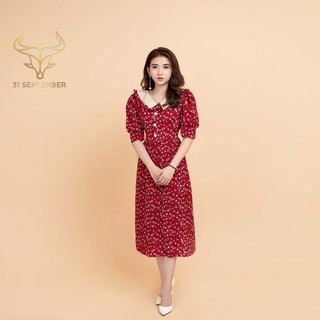 Đầm nữ hoa nhí màu đỏ dáng suông thắt dây eo thời trang - 31SEPTEMBER S004