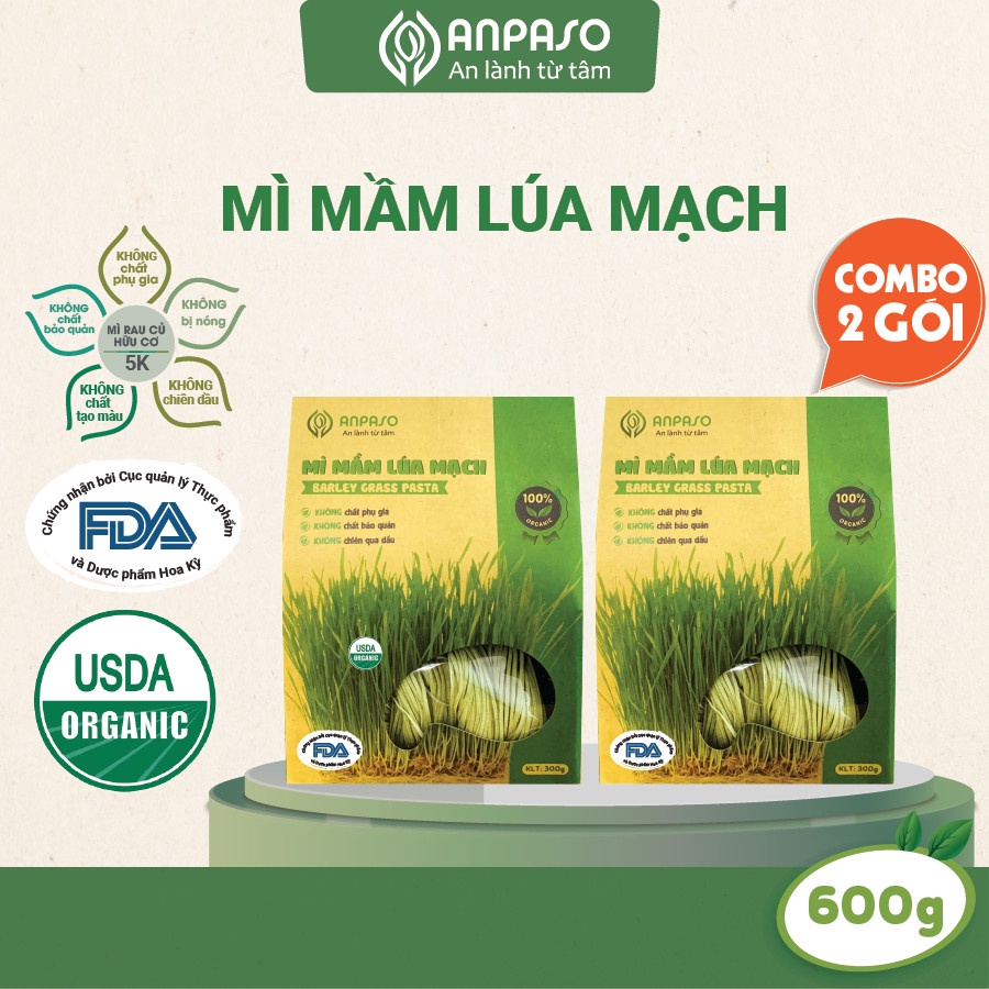 Combo 2 gói Mì rau củ giảm cân mầm lúa mạch hữu cơ Organic Anpaso, eat clean, mỳ chay, ăn kiêng, thực dưỡng 600gr