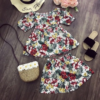 Set áo trễ thô quần hoa thô
