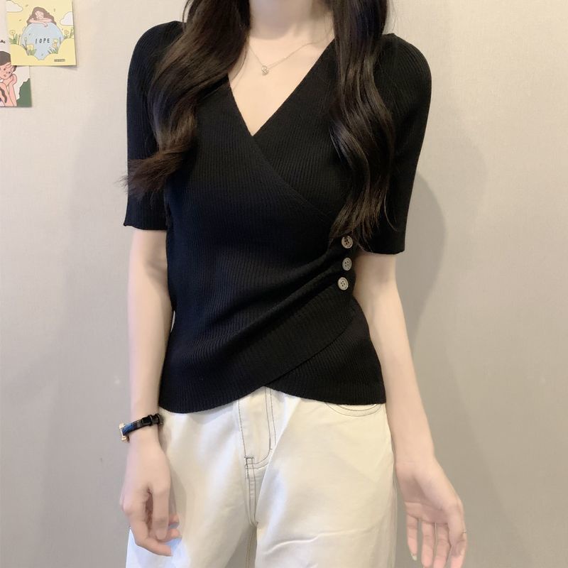 Áo Thun Dệt Kim Tay Ngắn Cổ Chữ v Dáng Ôm Phong Cách Hàn Quốc Thời Trang Cho Nữ Áo phông Nữ TX-98