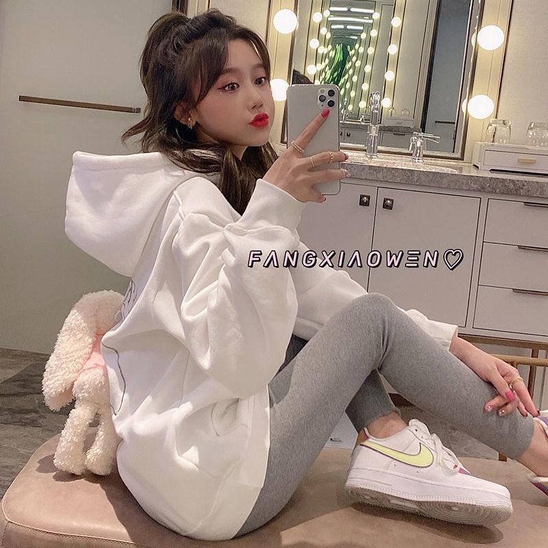 Đầm hoodie dáng rộng phối lông thỏ ba chiều thời trang xuân thu Hàn Quốc 2021 cho nữ
