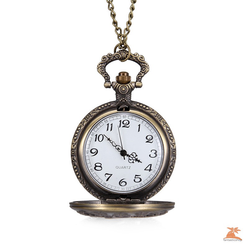 #Đồng hồ bỏ túi# 1pc Men Women Quartz Pocket Watch Star Olive Branch Carved Case with Chain