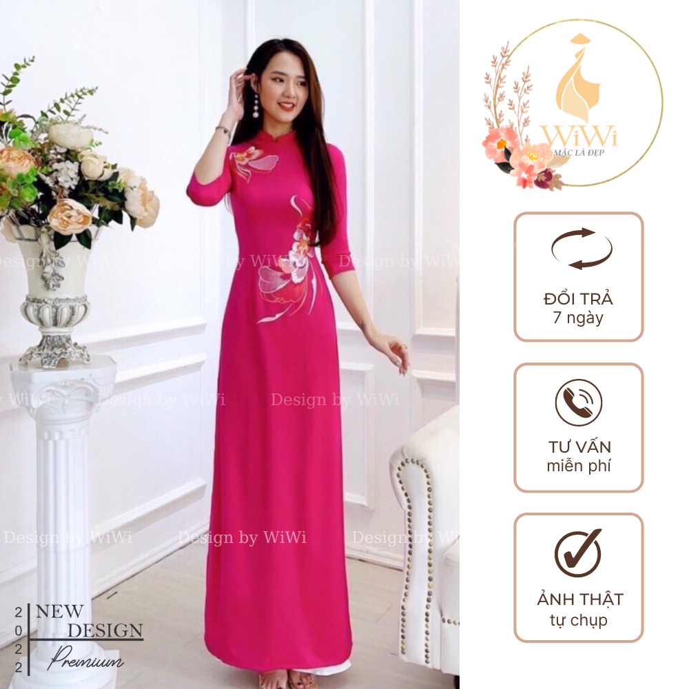 Áo dài truyền thống thêu hoa vải lụa tây thi cao cấp, Áo dài may sẵn dự tiệc lễ tết đẹp