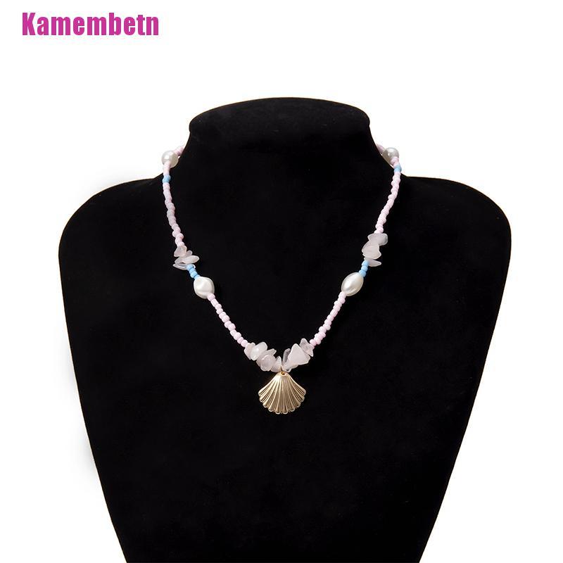 vòng cổ Choker Phối Mặt Hình Vỏ Sò Và Hạt Ngọc Trai Hồng Phong Cách Boho Dành Cho Nữ