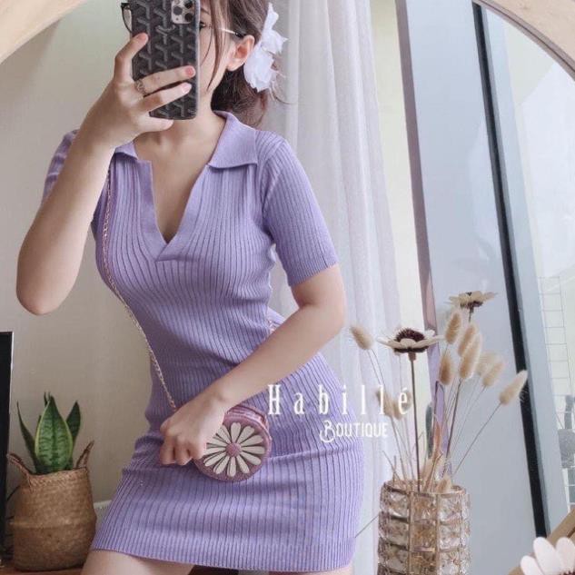 Váy Thun Tăm Polo Cổ V Nữ - Đầm dáng ngắn ôm body cộc tay cổ tim thiết kế sexy, cá tính Ulzzang