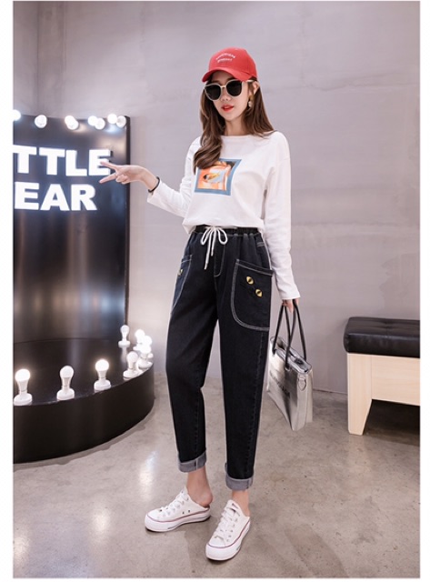Quần jean baggy dài big size lưng thun màu đen, xanh túi to mắt mèo size 70-90kg