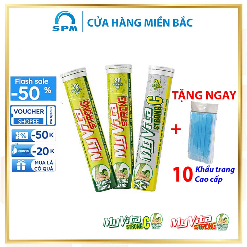 Combo 2 tuýp Viên sủi Vitamin C Myvita Strong & 1 tuýp viên sủi Myvita Strong C (Sả-Gừng-Chanh) - TĂ