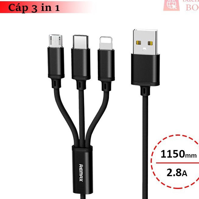 ⚡Giá Rẻ⚡ Cáp Sạc Remax 3 Đầu RC-131TH IPHONE - MICRO USB - TYPE C dây dù Lỗi 1 đổi 1