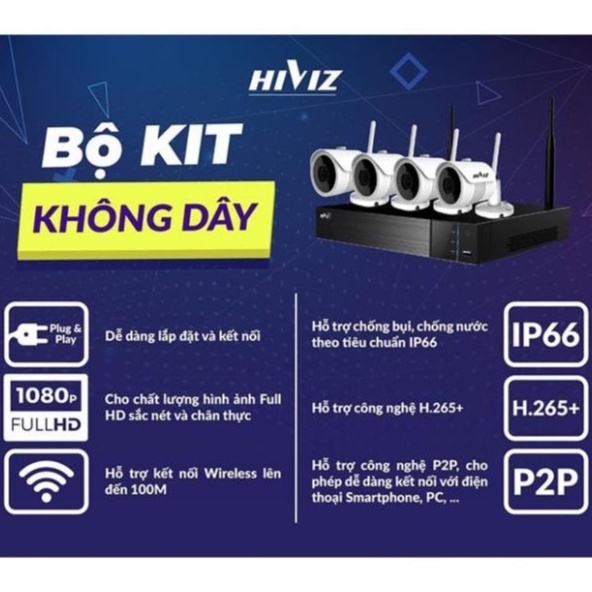 Bộ đầu ghi Không dây kit HIVIZ HI-KIT904W 2.0MP 9 KÊNH + 4 mắt camera WIFI 2.0mp FHD 1080p