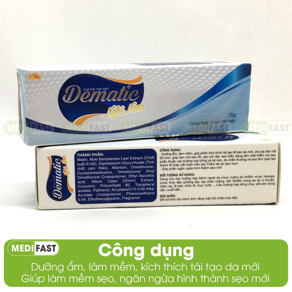 Gel mờ sẹo Dematic, kem làm mềm và ngừa sẹo thâm từ chiết xuất nghệ Nano, Lô hội - Tuýp 15g