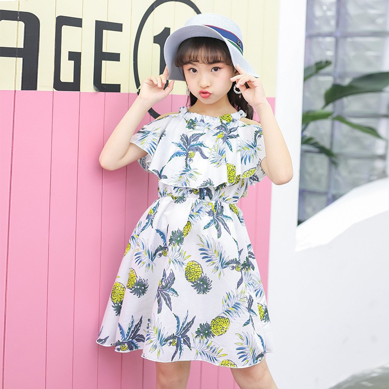 Đầm trễ vai tay loe hoạ tiết in cho bé