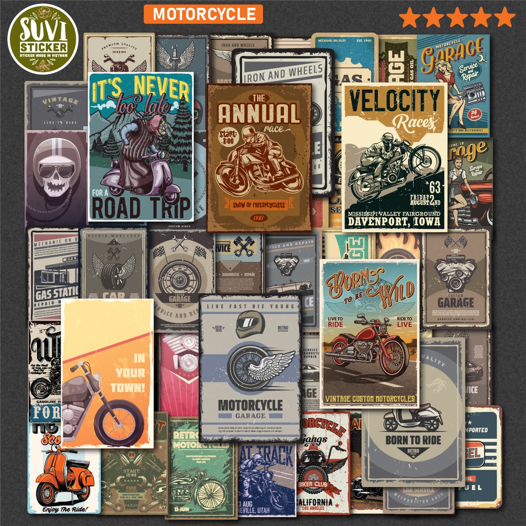 50 Sticker Motorcycle chống nước sticker dán laptop, điện thoại, đàn guitar, mũ bảo hiểm, vali. MSP: VR16