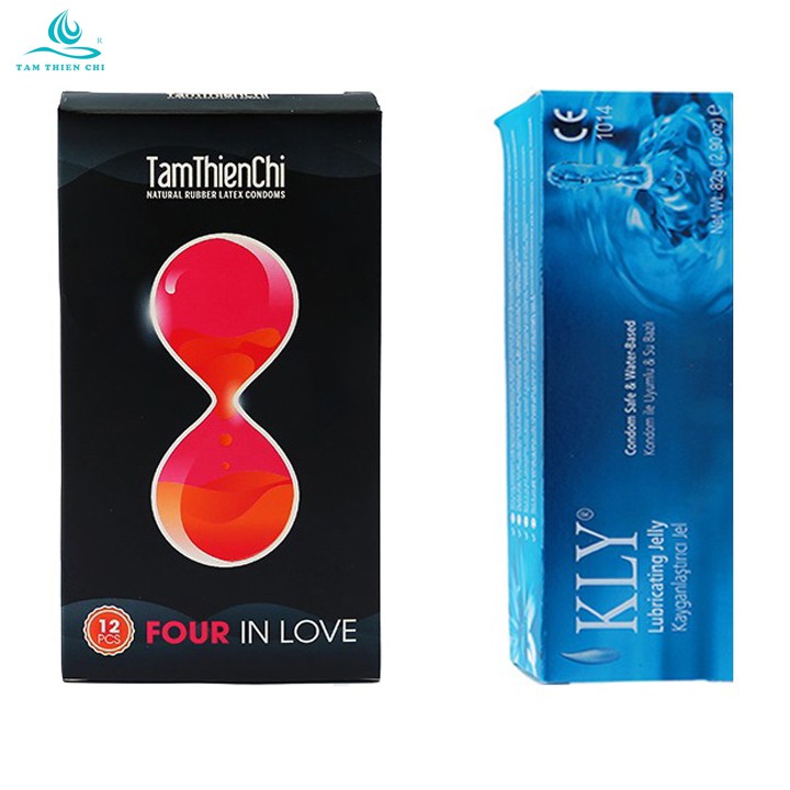 Bao cao su Tâm Thiện Chí gai kéo dài FOUR IN LOVE hộp 12 chiếc và 1 chai gel bôi trơn KLY 42gram