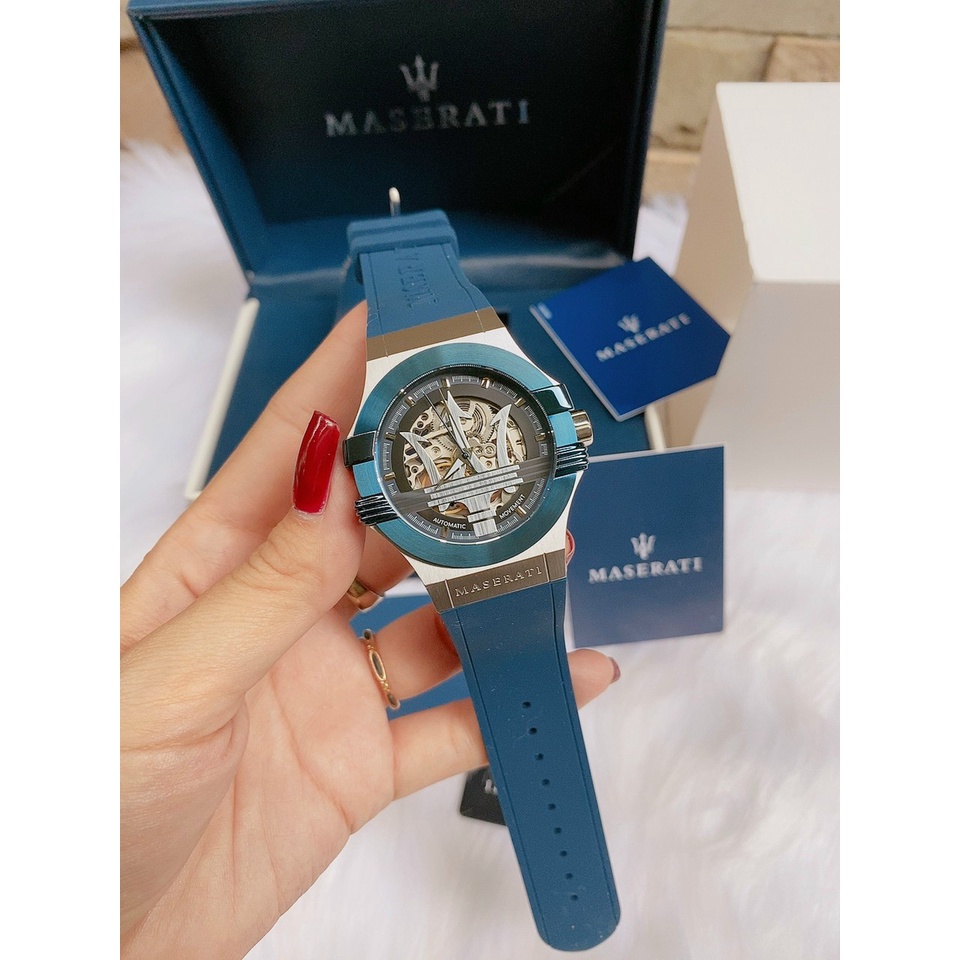 Đồng Hồ Nam Automatic Skeleton Maserati Potenza Dây Cao Su Màu Xanh/Blue Size 42mm , Fullbox