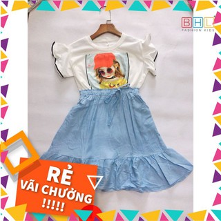 Váy liền thân bé gái chất cotton và đũi dáng xoè tiểu thư, Váy bé gái BHLKids in hình bé gái