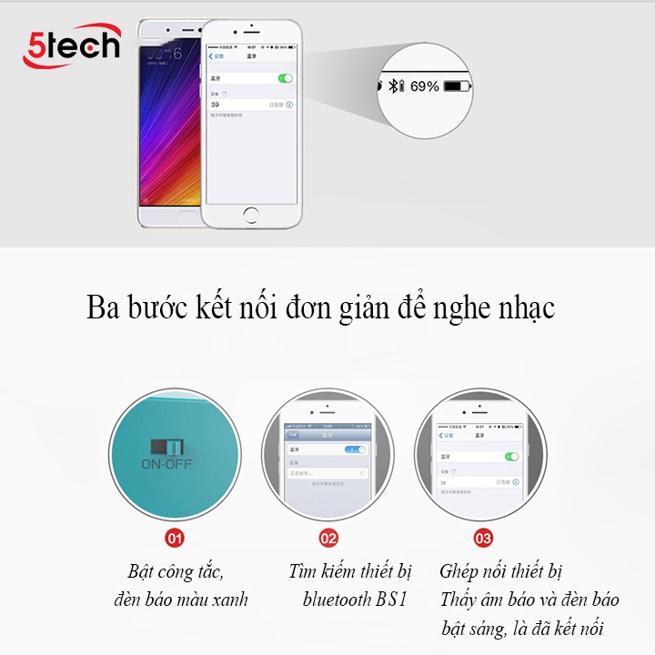 Loa bluetooth 5TECH BS1 mini không dây thiết kế mới lạ, âm thanh nổi cho chất lượng âm thanh đa chiều, sống động