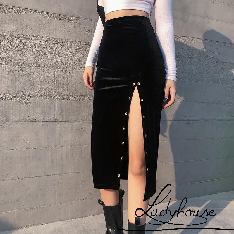 Chân Váy Lưng Cao Xẻ Tà Phối Vòng Kim Loại Màu Trơn Thời Trang Thu Đông Cho Nữ