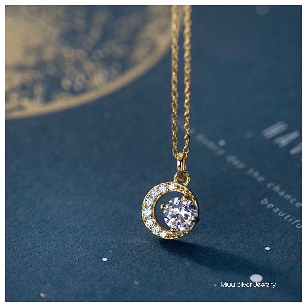 Vòng cổ nữ bạc 925 mạ vàng 14K Miuu Silver mặt trăng đính đá Mystery Moon