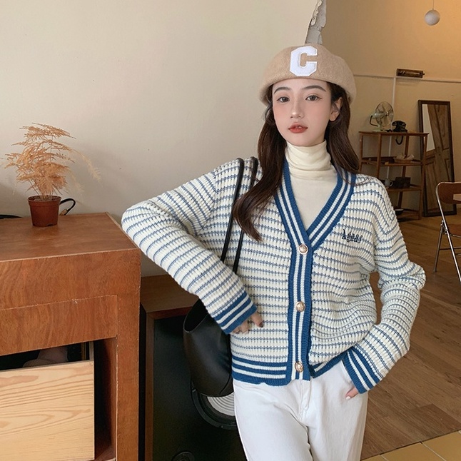 Áo cardigan ZHELIHANGFEI dệt kim tay dài dáng rộng hoạ tiết kẻ sọc cho nữ