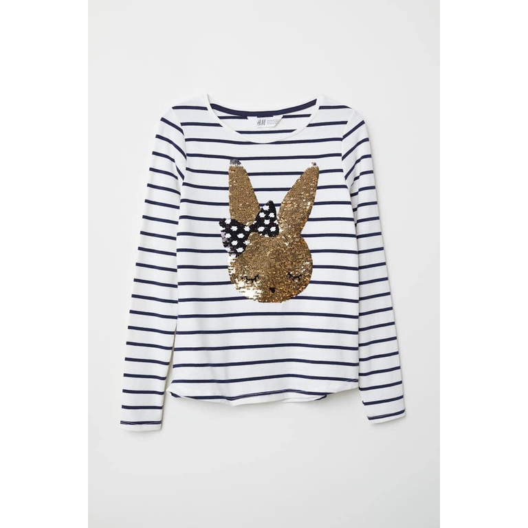 Áo kẻ HM kim sa lật thỏ bé gái dài tay size 3-10 tuổi