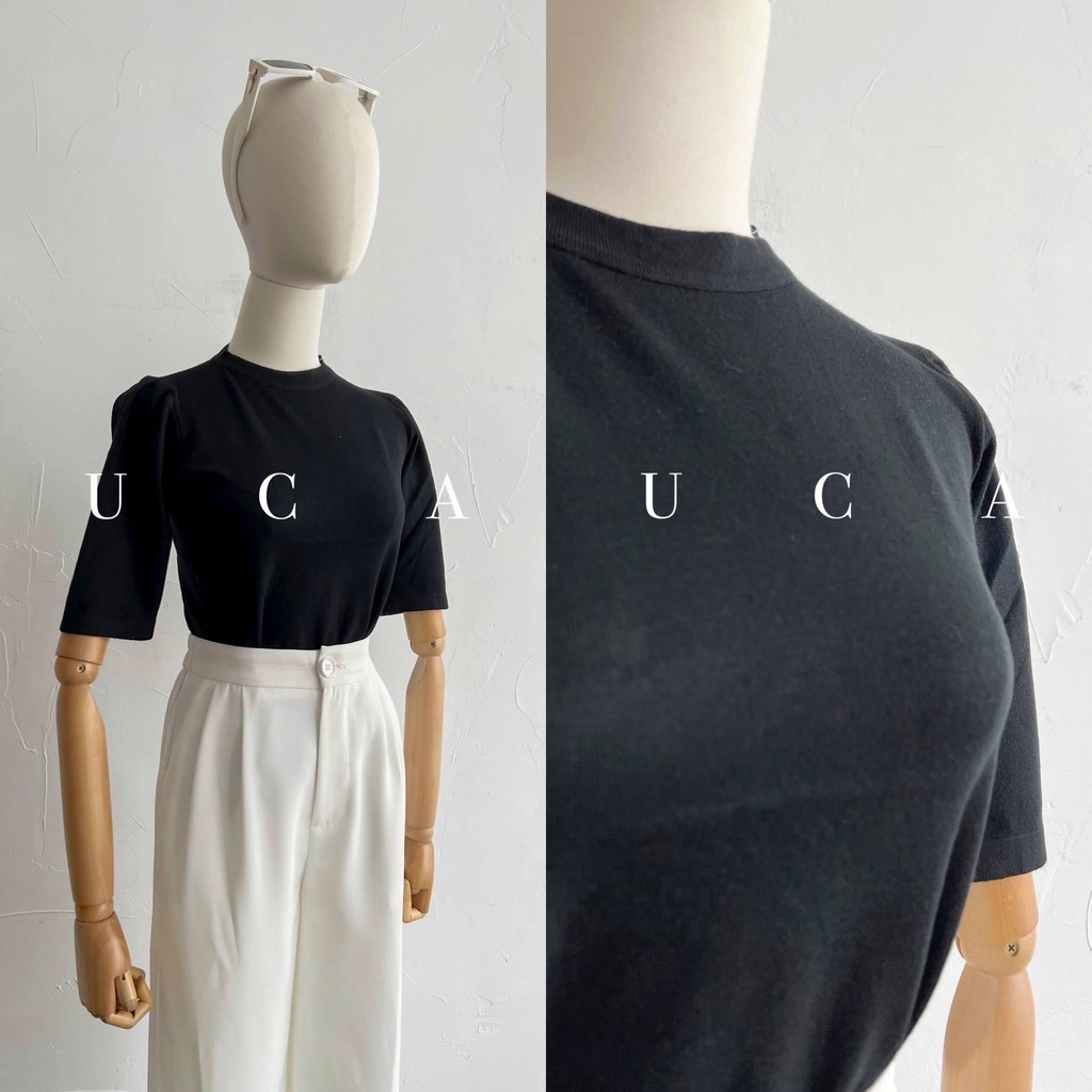 Áo len đen tăm nhỏ cổ tròn tay cộc thân basic