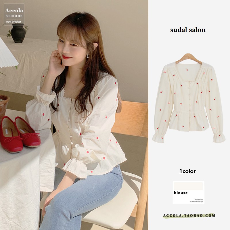 (Order) Áo sơ mi hoa nhí cổ vuông bo tay phối nhiều cúc thắt nơ sau cô gái dịu dàng style Hàn