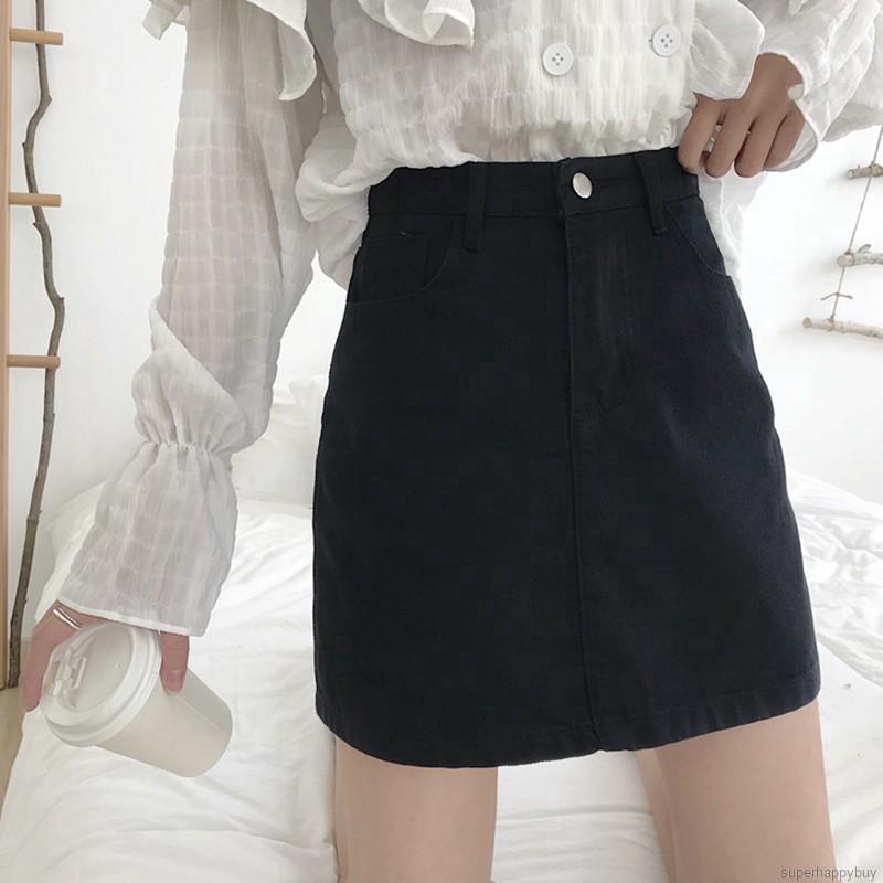 Chân Váy Denim Chữ A Lưng Cao Màu Trơn