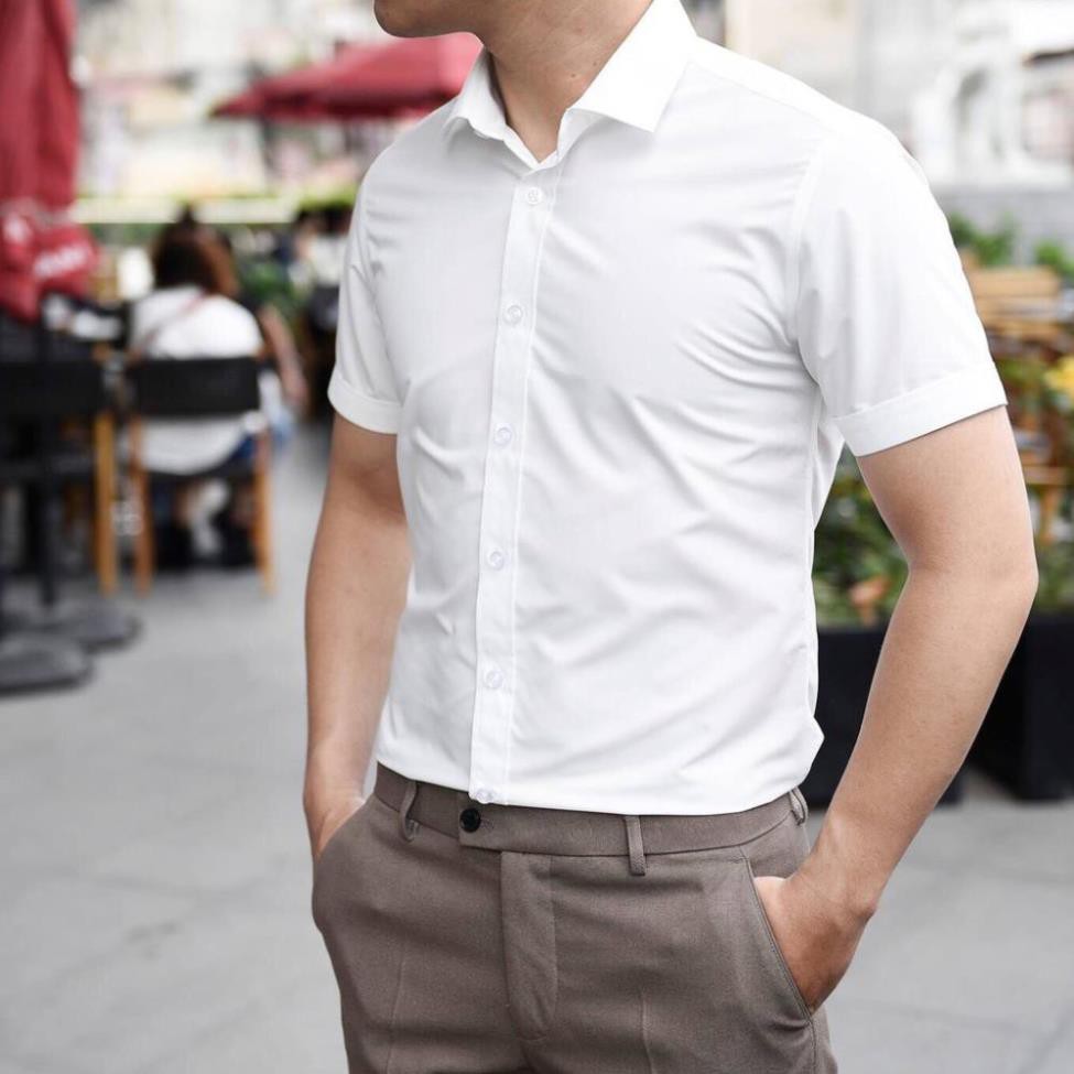 Áo sơ mi nam ngắn tay lụa trắng công sở cao cấp Hamino cộc tay lỡ chất lụa mềm mại thoải mái form slimfit thời trang | BigBuy360 - bigbuy360.vn