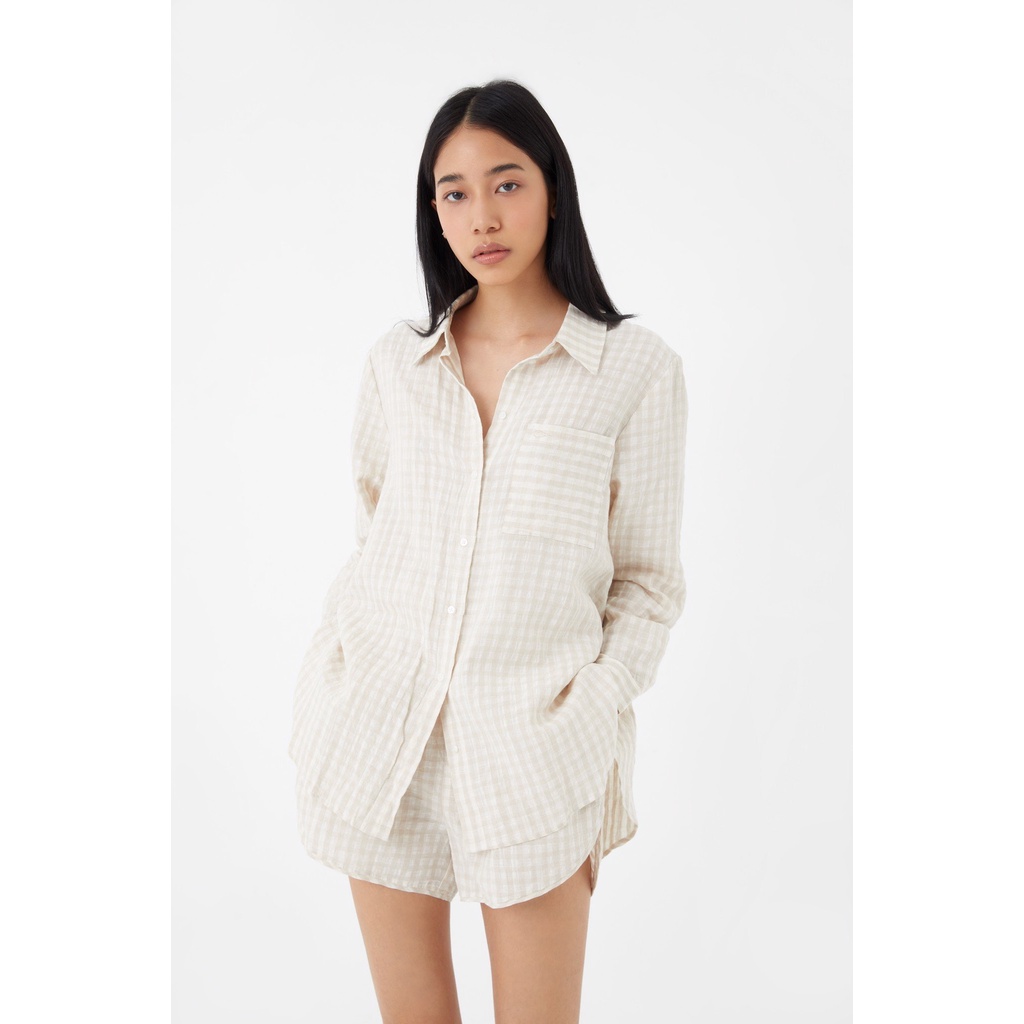 TheBlueTshirt - Áo Sơ Mi Phom Rộng Nữ Vải Lanh Vàng Sọc Trắng - Oversized Pocket Linen Shirt - Earth Pattern