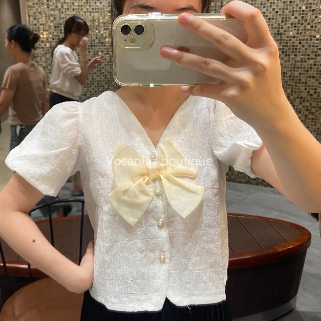 ÁO CROPTOP CỔ V KHUY NGỌC TAY BỒNG TIỂU THƯ, ÁO SƠ MI NỮ CHẤT XỐP NGẮN TAY KÈM NƠ
