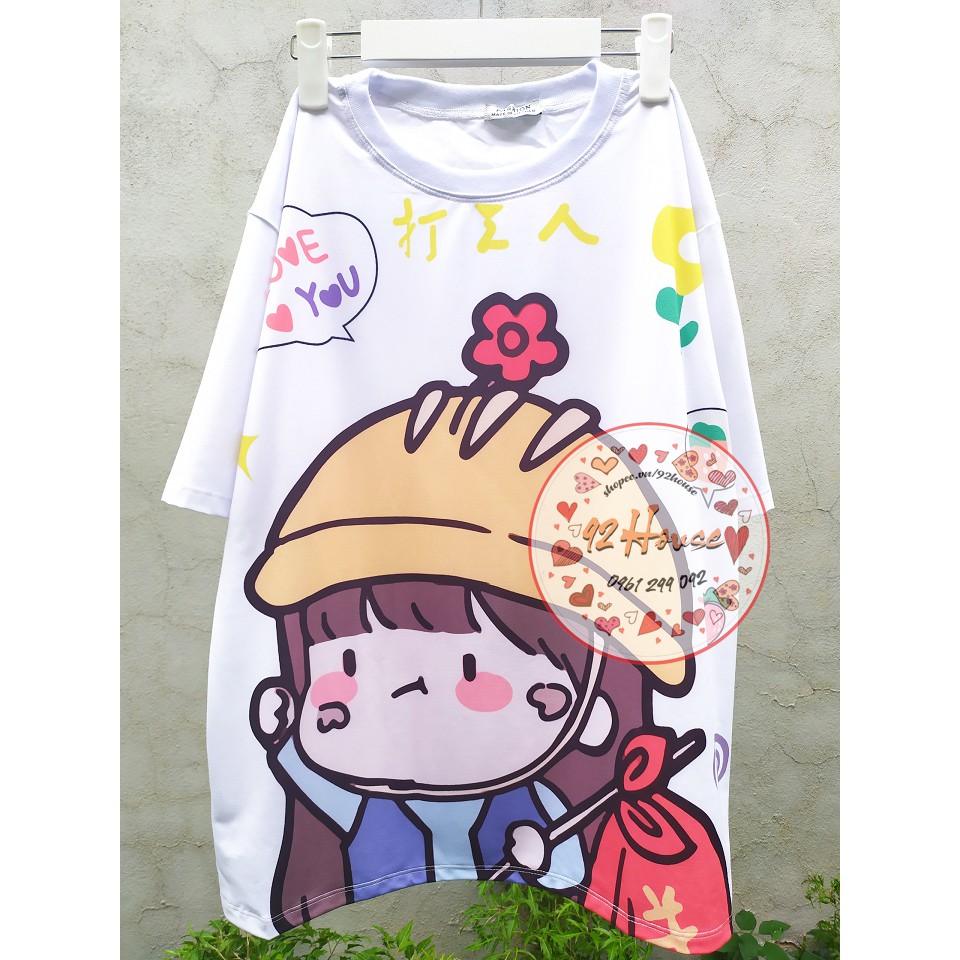 Đồ bộ unisex cartoon hoạt hình freesize Bé gái nón hoa form rộng tay lỡ