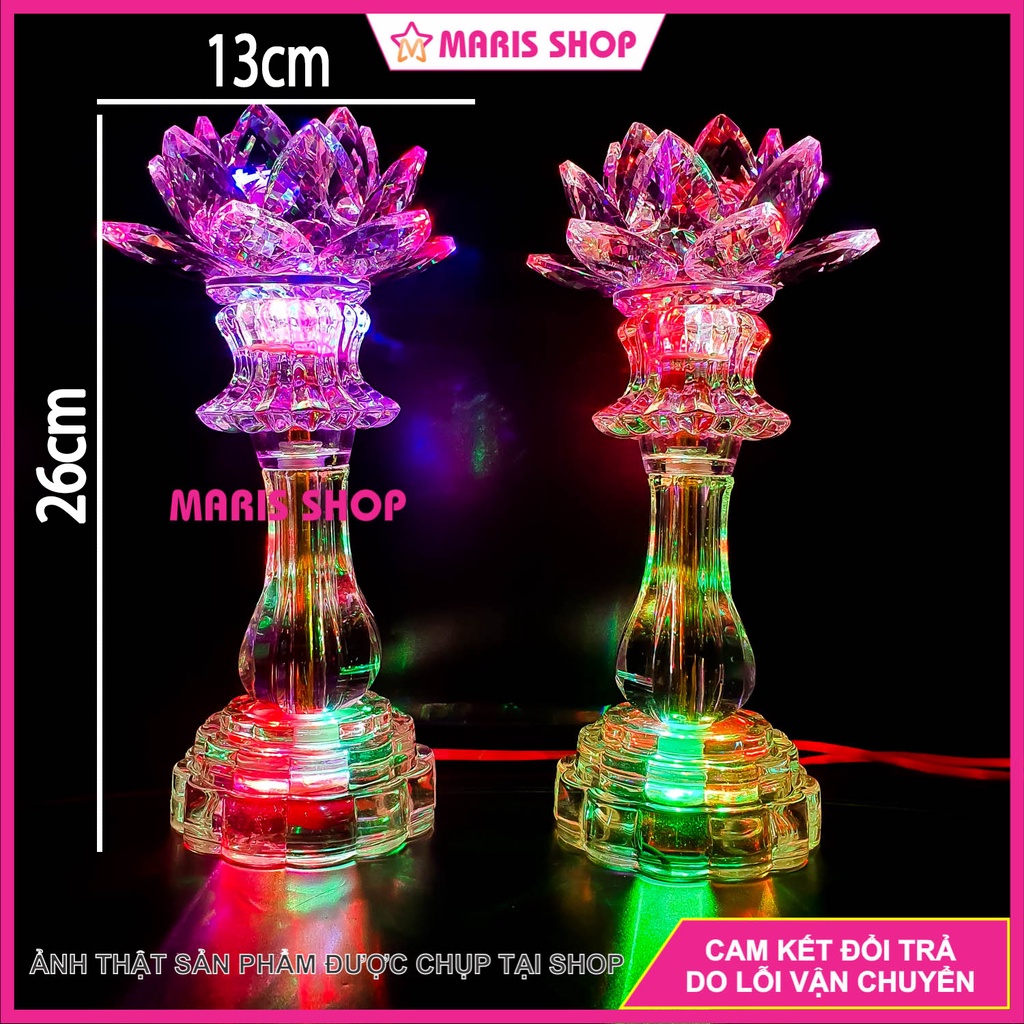 Đèn Bàn Thờ Sen PHA LÊ Cao Cấp Nguyên Khối Phát Sáng Toàn Thân Cao 26cm Sử Dụng Mạch LED Cao Cấp