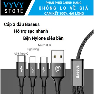 Cáp sạc nhanh Basesu 3 in 1, 3 đầu sạc Micro + Lightning + Type-C, bọc dù siêu bền