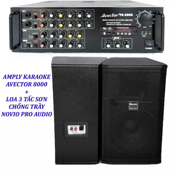 Dàn karaoke gia đình - Dàn karaoke bluetooth - Dàn karaoke 3 tấc giá rẻ Amply Avector 8000 Và Loa NOVIO PRO AUDIO 3 tấc