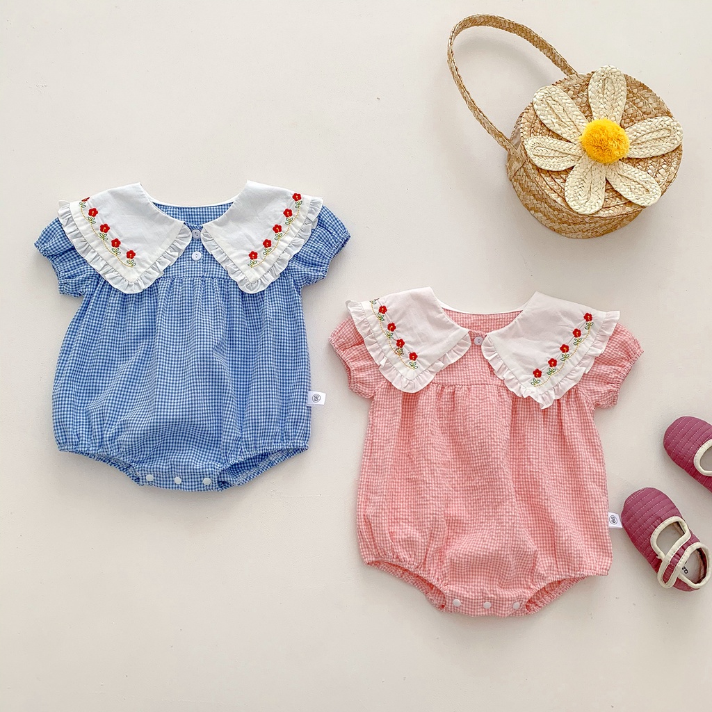 Bộ Áo Liền Quần Ngắn Tay Thêu Hoa Dễ Thương Cho Bé Sơ Sinh