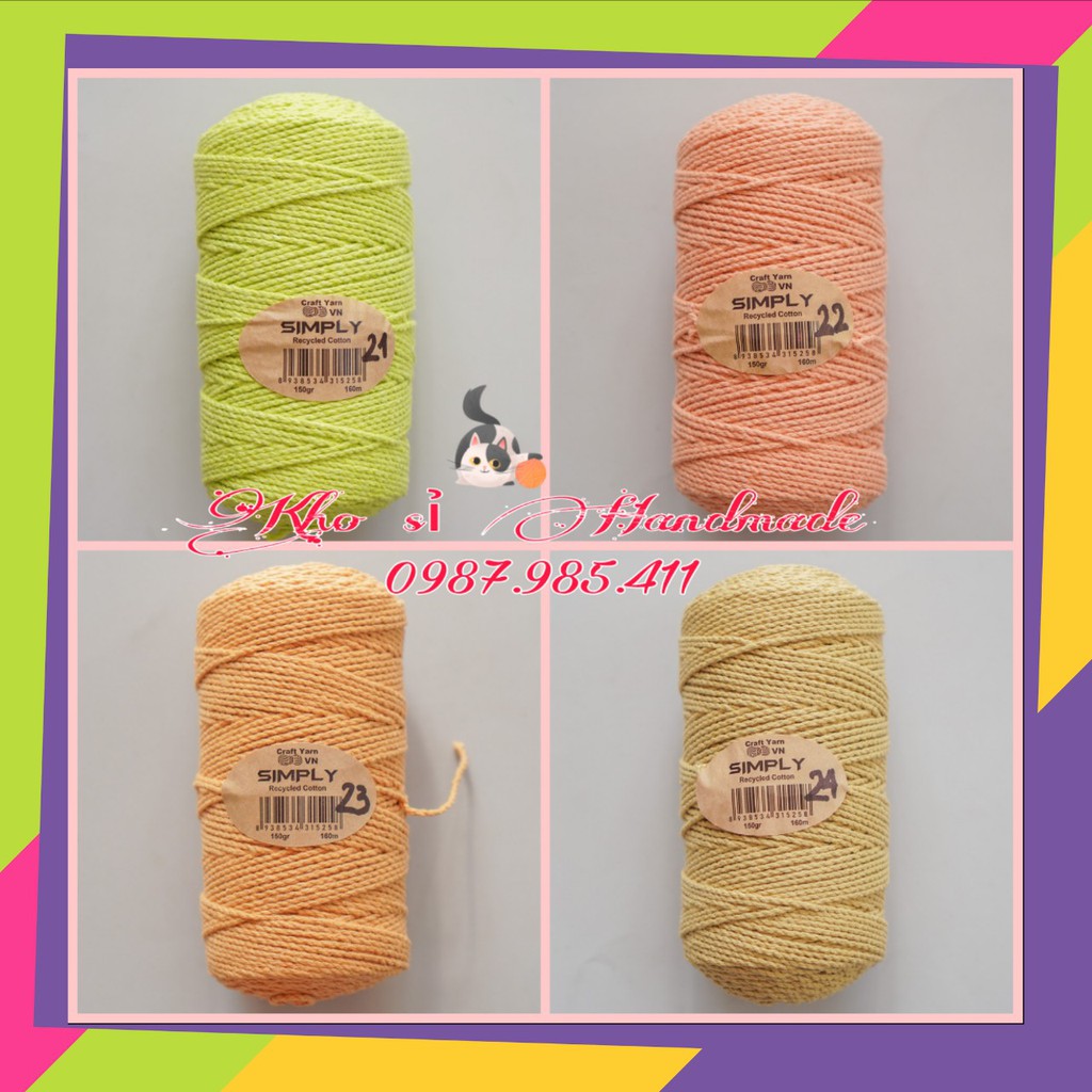 SỢI SIMPLY COTTON 150 gr/cuộn móc túi,mũ hè Bảng màu 2/2 (Mã 21 ~ Mã 28)