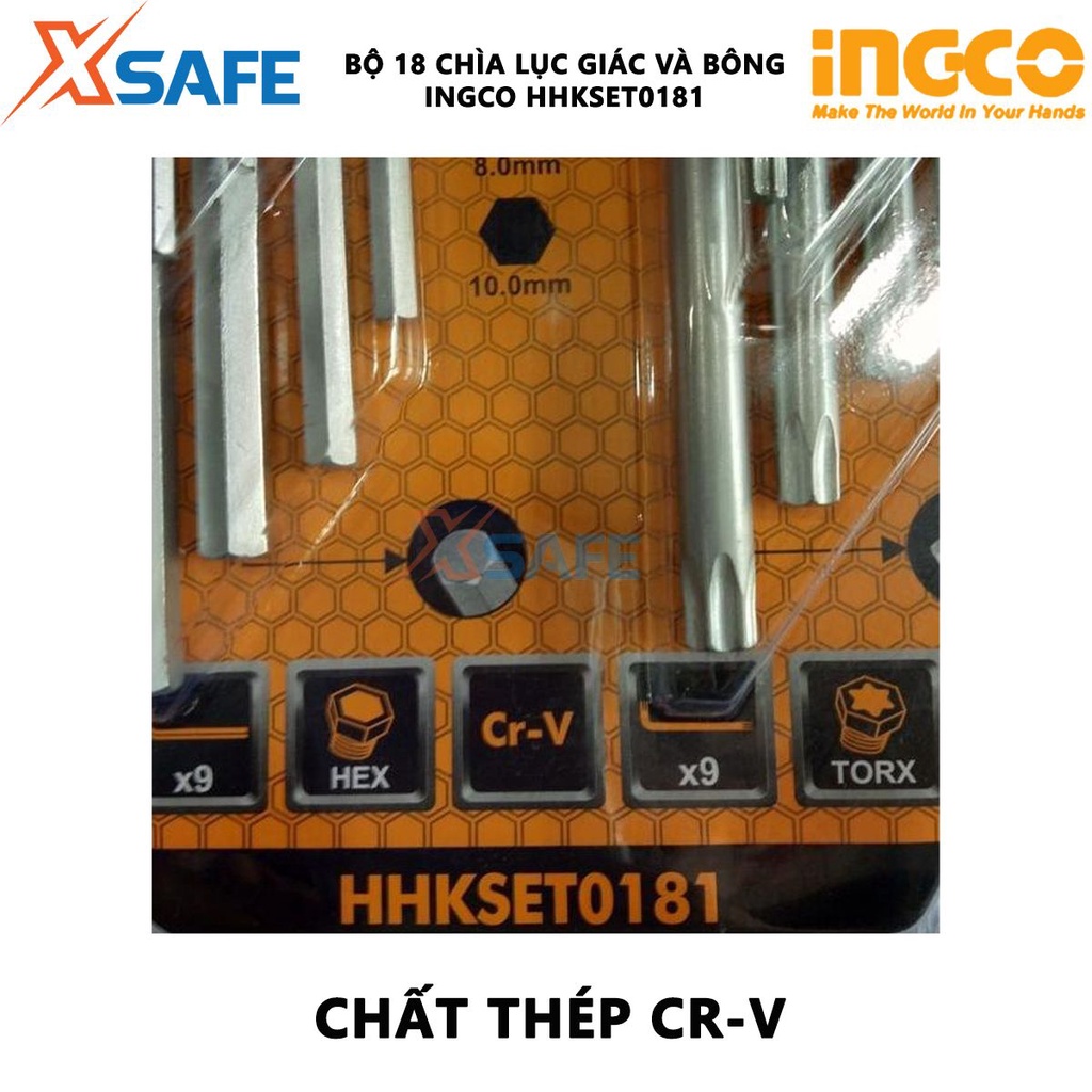 Bộ 18 chìa lục giác đầu bằng và bông INGCO HHKSET0181 chất liệu thép CR-V cứng cáp, độ bền cao - Chính hãng [XSAFE]