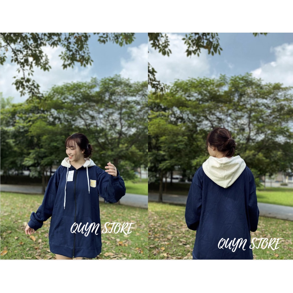 Áo Khoác Nỉ Moobl Phối Mũ Trắng QUYN BOUTIQUE  Áo Khoác form rộng tay bồng kiểu dáng basic ulzzang