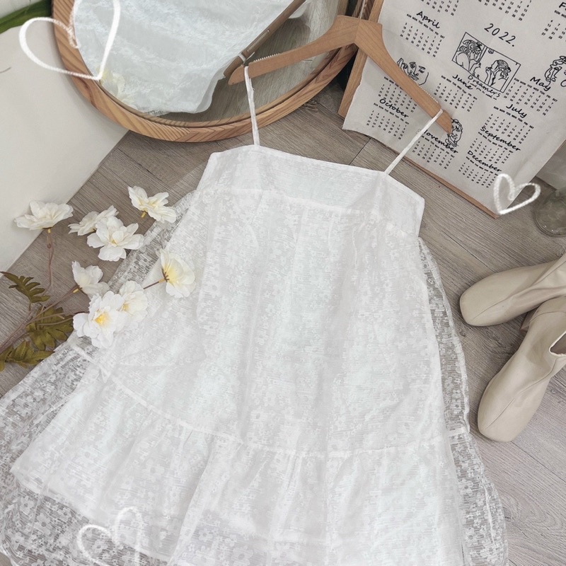 Đầm 2 dây Baby doll đuôi cá ren hoa thêu 2 lớp xinh xắn [kèm hình thật]