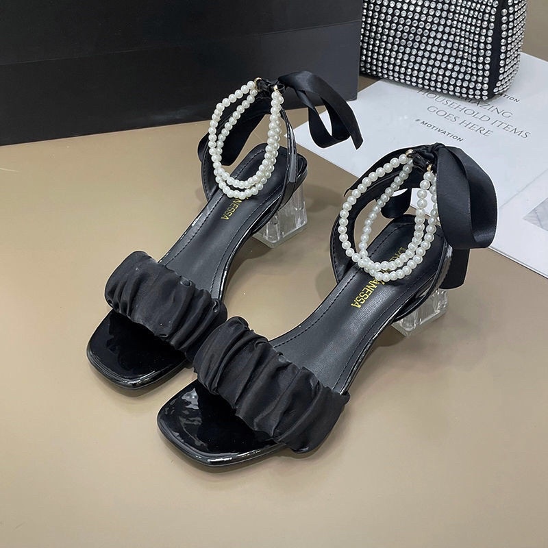 giày sandal nữ gót pha lê 5cm quai ngọc thắt nơ xinh xắn