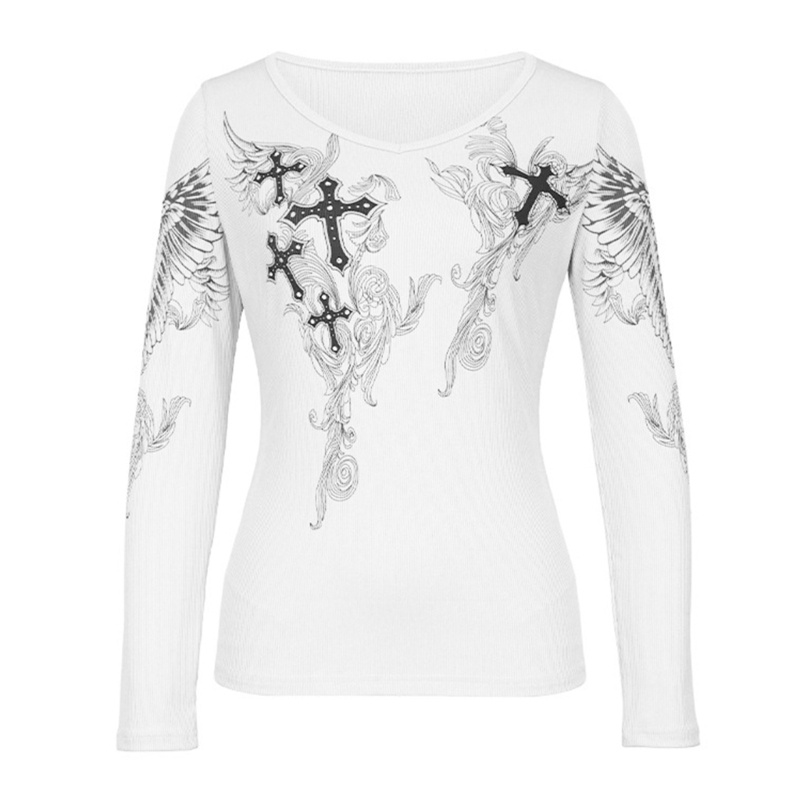 Áo Crop Top Tay Dài In Hình Đôi Cánh Đính Đá Phong Cách Vintage Cho Nữ