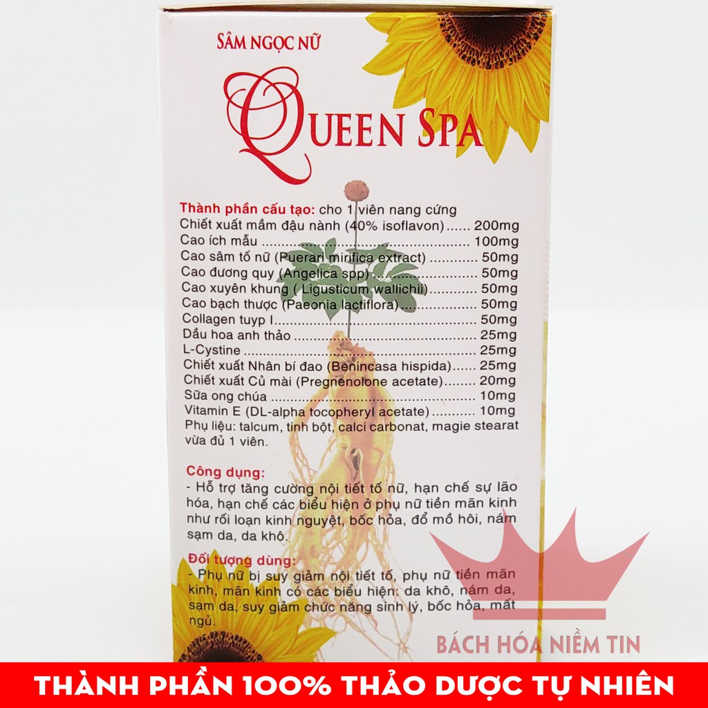 Viên uống đẹp da Sâm tố nữ Queen Spa - Hộp lọ 30 viên thành phần 100% thảo dược thiên nhiên -bổ sung Collagen, Vitamin